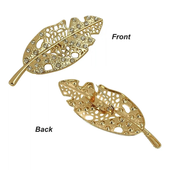 ANI Accessories rhinestone leaf brooch showing the front design and the pin on the back with white color background 