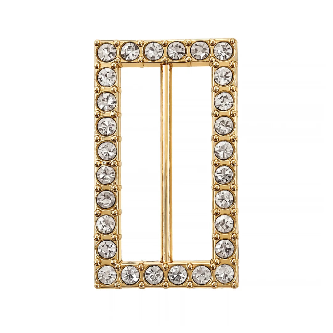 ANI Accessories rectangular gold belt buckle studded with prong-set round rhinestones and central bar, front view on white Background.