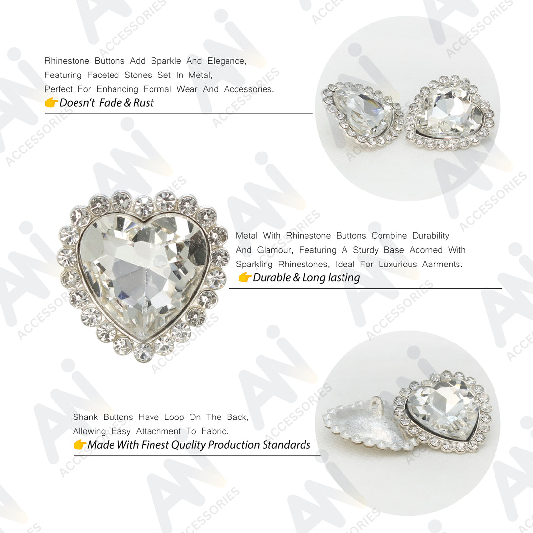 Diamond Heart shape Silver Metal Buttons