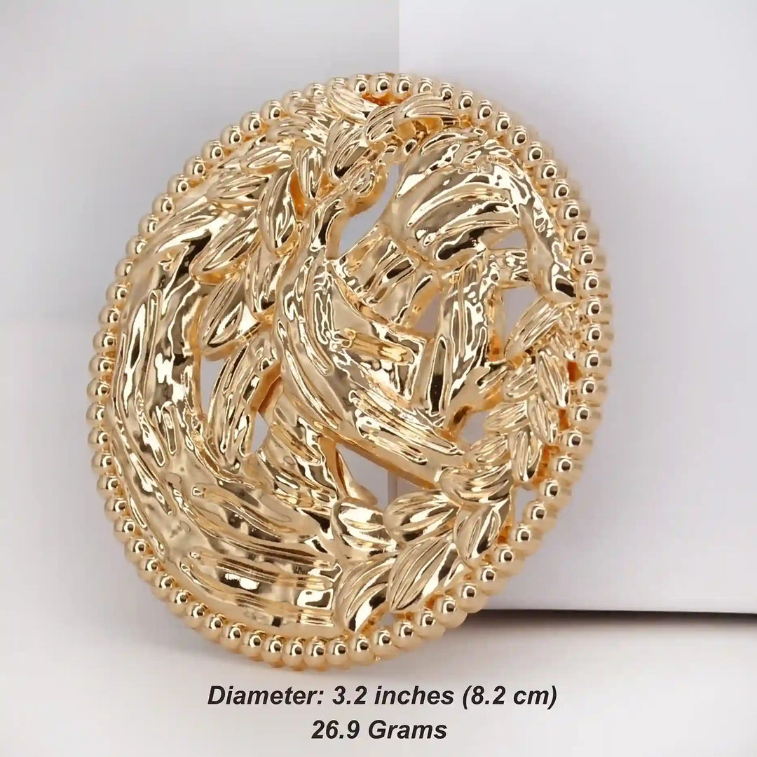 ANI Accessories round gold brooch size chart: 8 cm (3.2 inches) diameter, 30 grams 