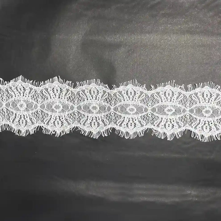 White Scalloped Edge Eyelash Lace Trim with Intricate Floral Design for Crafting and Sewing