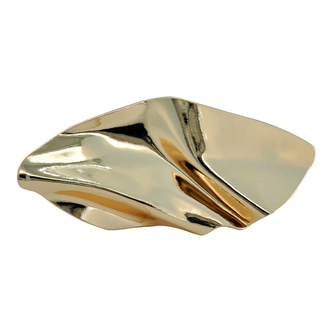 Gold scrunched abstract metal brooch with soft folds and high-shine finish