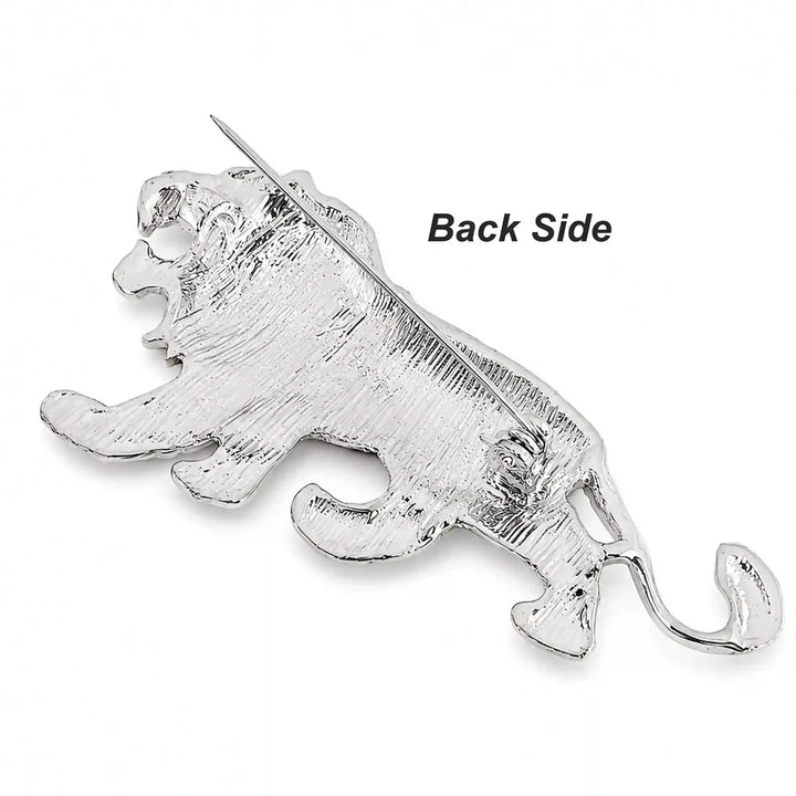 ANI Accessories silver lion brooch back side showing the pin with white color background 