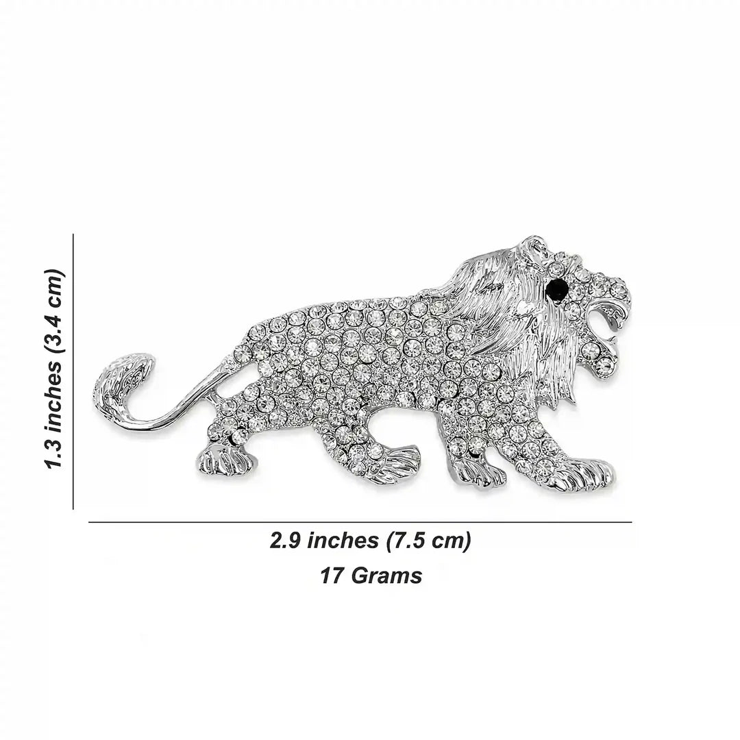 ANI Accessories silver lion brooch size chart: 7.5 x 3.4 cm (2.9 x 1.3 inches), 17 grams with white color background 