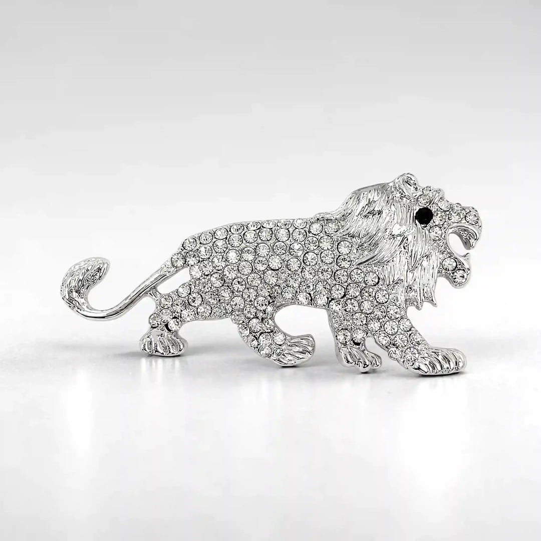 ANI Accessories silver rhinestone lion brooch with black crystal eye, front view with white color background 