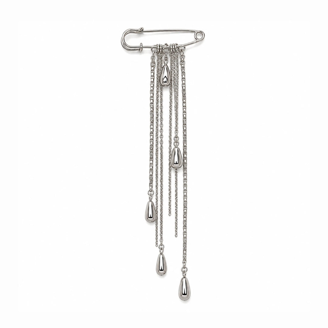 ANI Accessories silver safety pin brooch with long chain tassels and teardrop drops, on white color background 