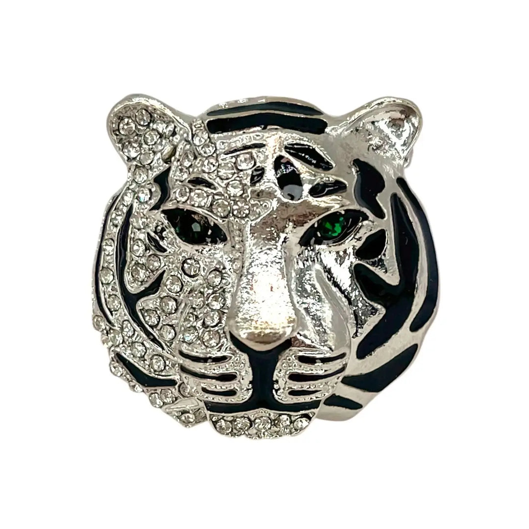 Silver rhinestone tiger brooch with green stone eyes and black stripes 