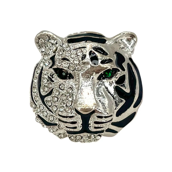 Silver rhinestone tiger brooch with green stone eyes and black stripes 