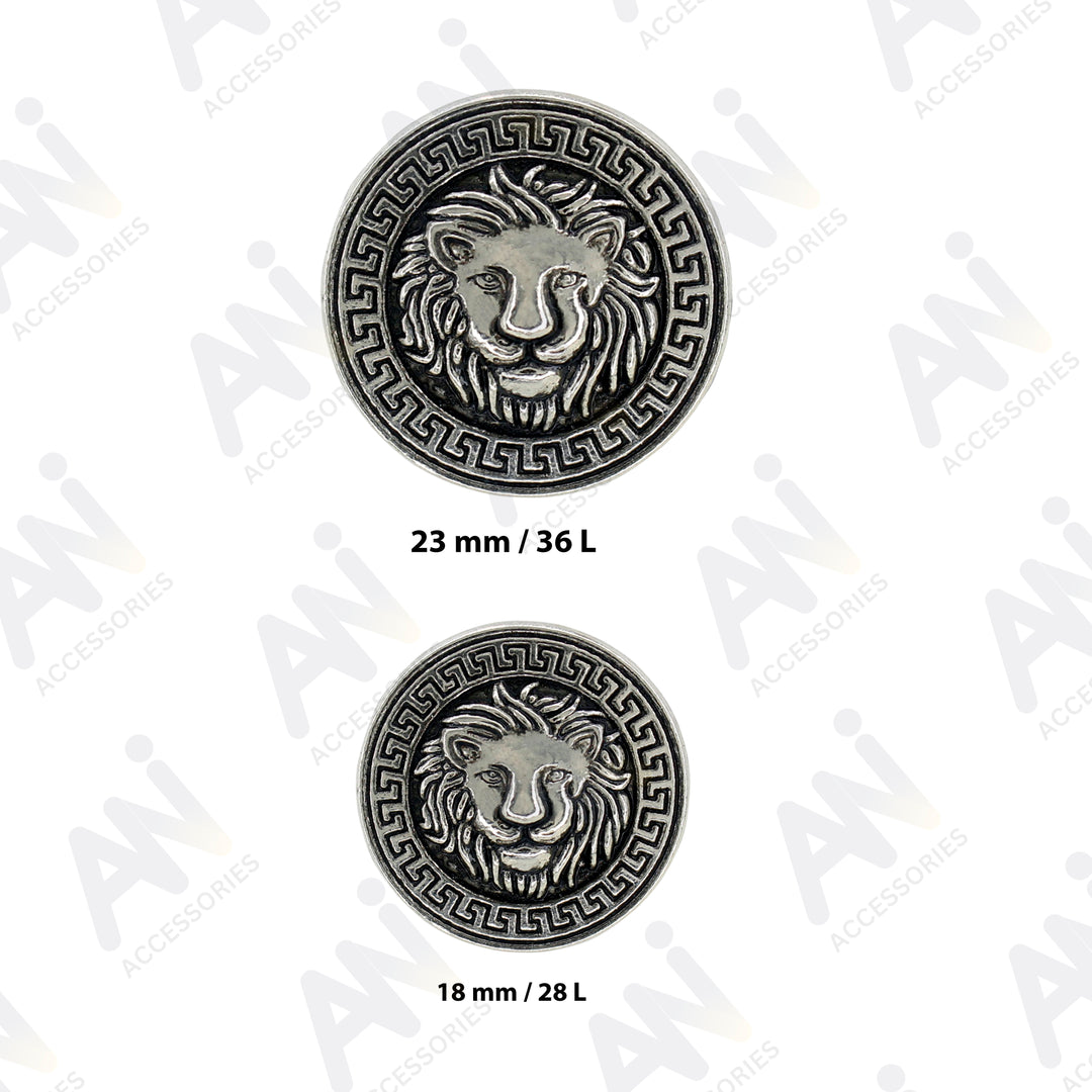 Silver Lion Head Button with Greek Key Border