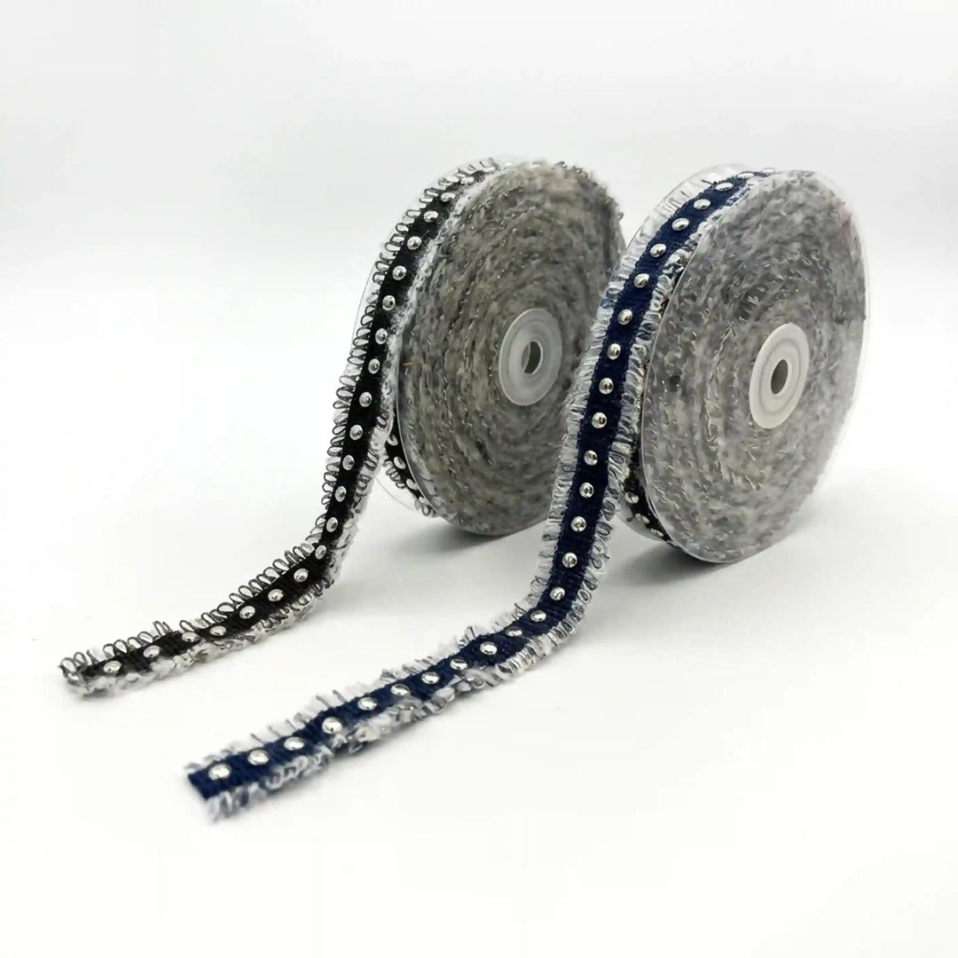 ANI Accessories studded denim metal eyelet lace in black and blue, on rolls, 2 cm wide with white color Background 