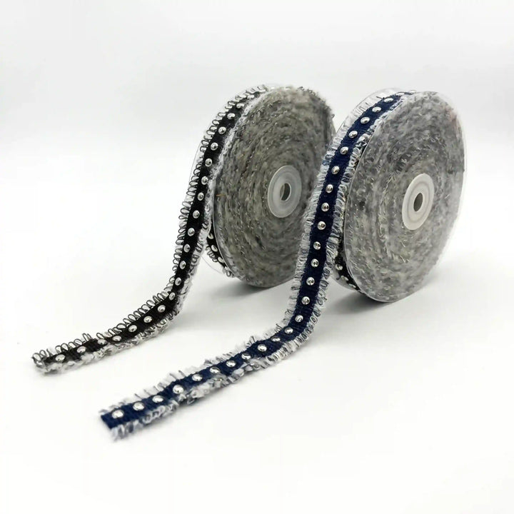 ANI Accessories studded denim metal eyelet lace in black and blue, on rolls, 2 cm wide with white color Background 