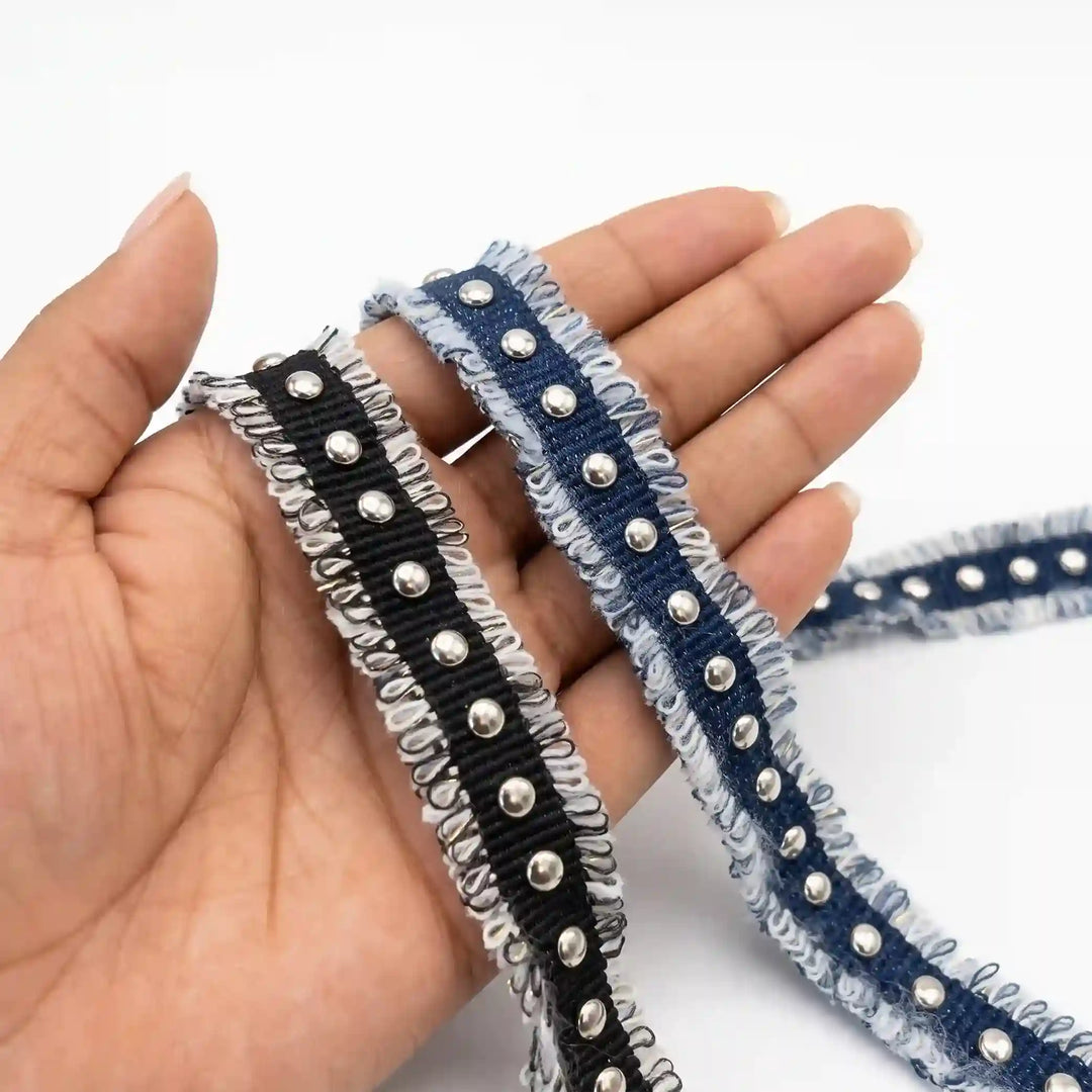 ANI Accessories blue and black studded denim trim held in hand with white color Background 