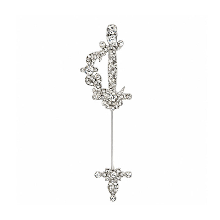 ANI Accessories silver rhinestone sword brooch pin for men, front view with white color background 