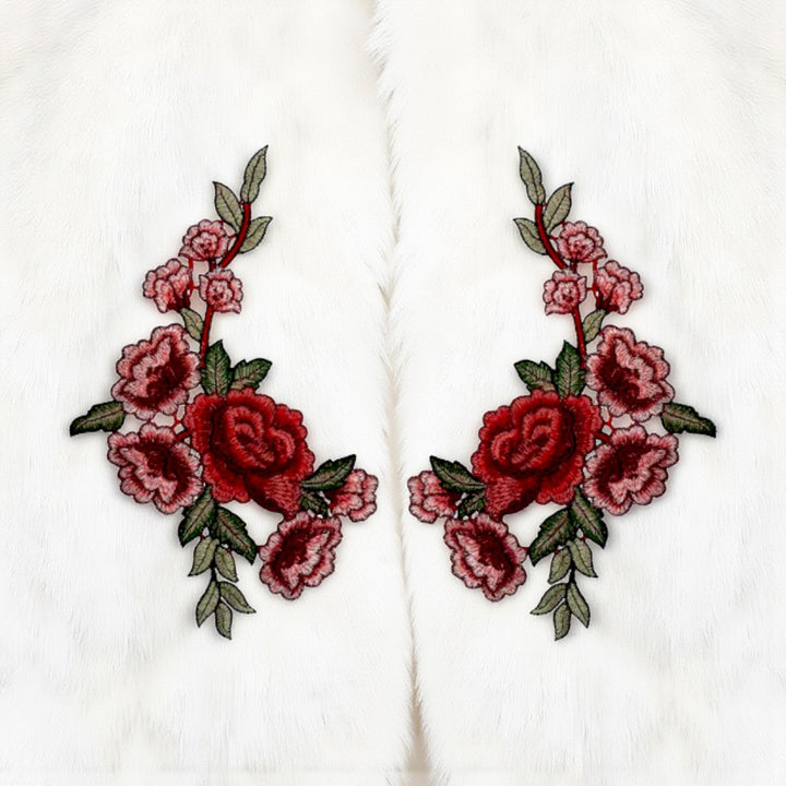 Two Piece Red Rose Flower Embroidered Sew On Applique Patch