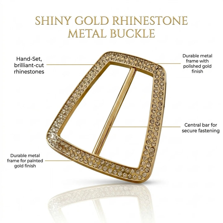 ANI Accessories shiny gold rhinestone metal belt buckle infographic: hand-set rhinestones, polished gold frame and central bar