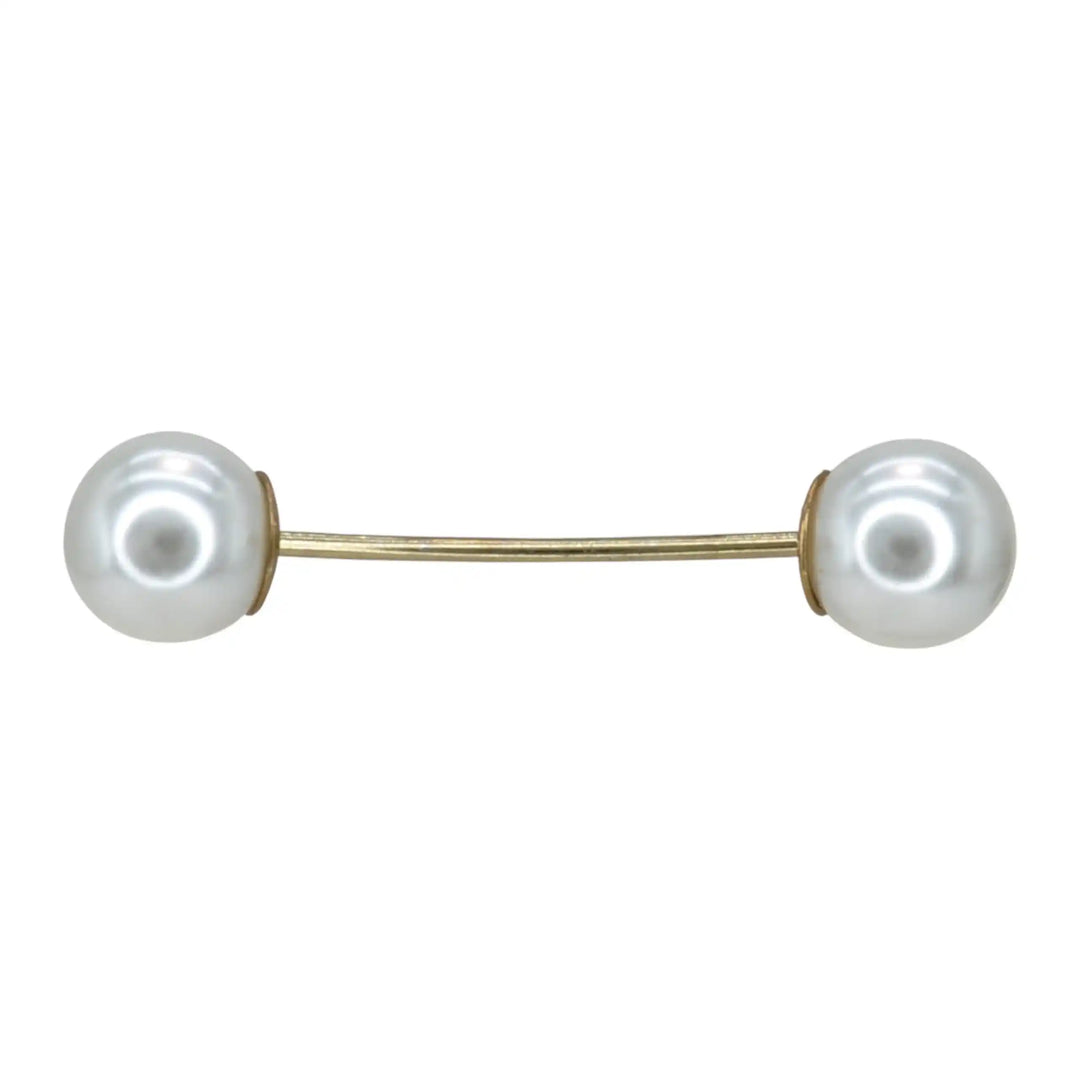 Single twin pearl pin with a curved gold bar on white background 