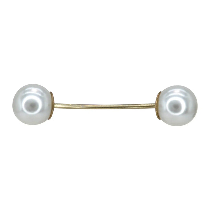 Single twin pearl pin with a curved gold bar on white background 