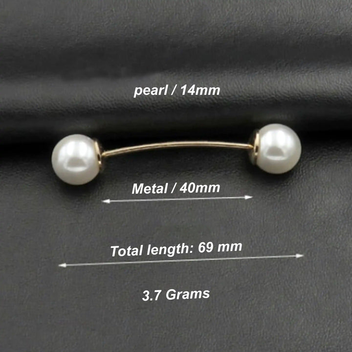 Twin pearl pin size chart, 69 mm total length, 14 mm pearls, 3.7 grams 