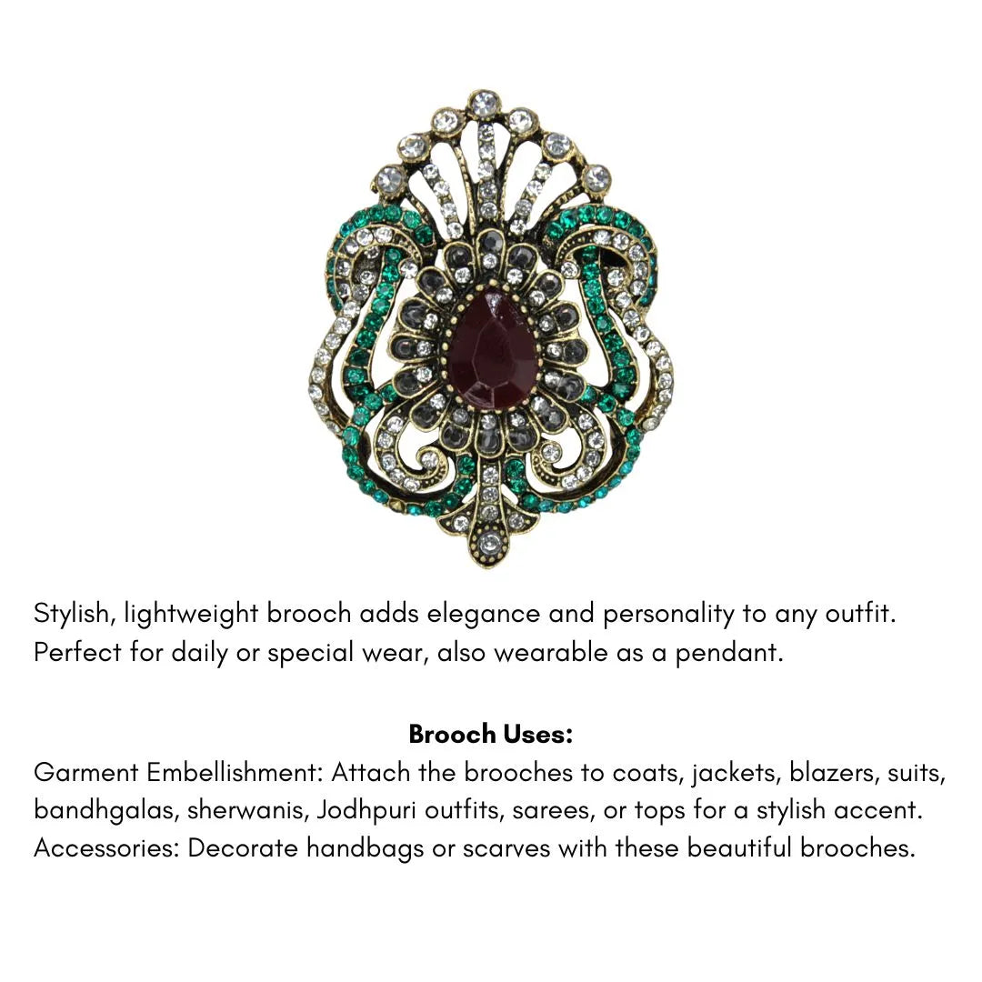 ANI Accessories Victorian rhinestone brooch with a list of uses on sarees, blazers, sherwanis and handbags with white color background 