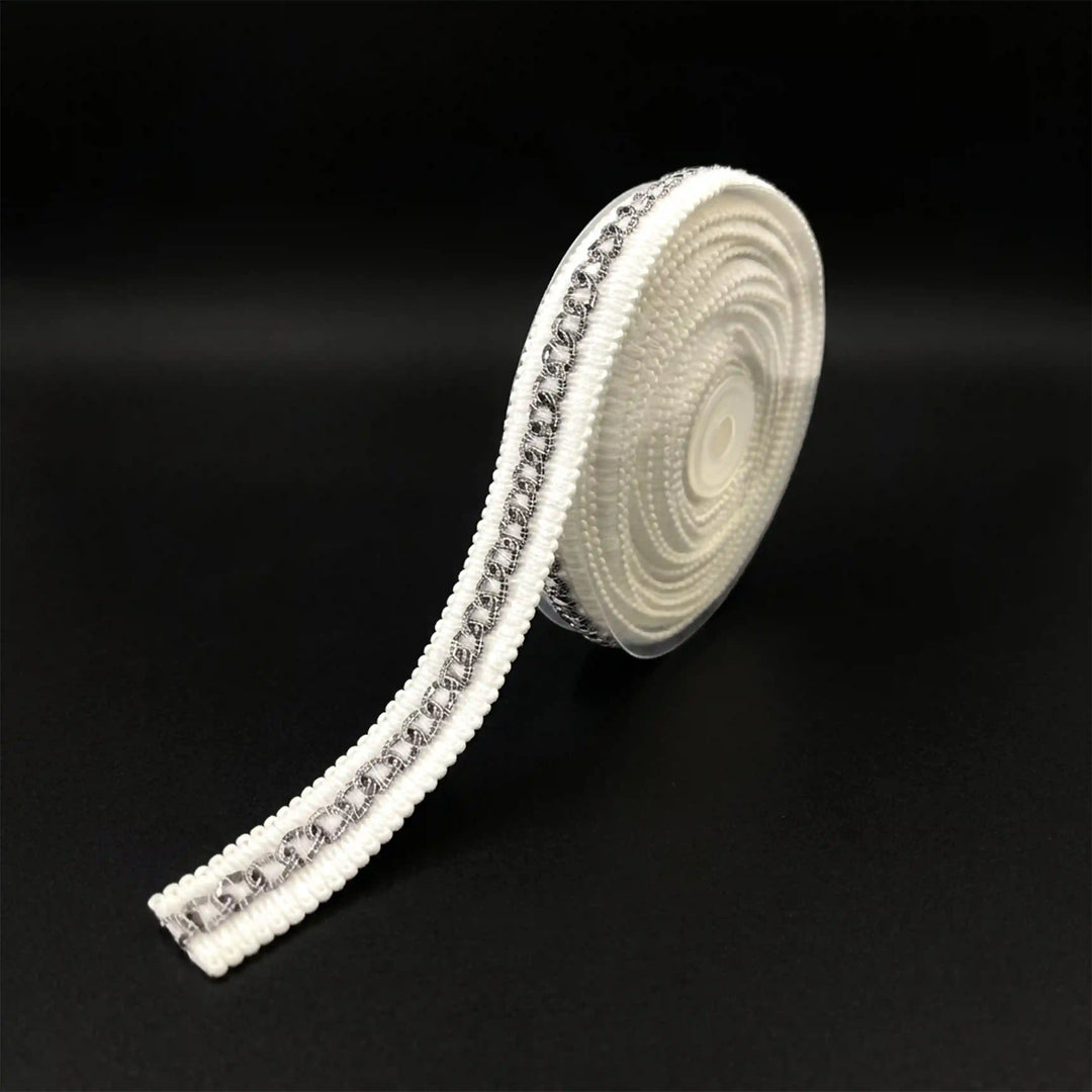 ANI Accessories white and silver chain lace on a roll, 2.3 cm wide with white color background 