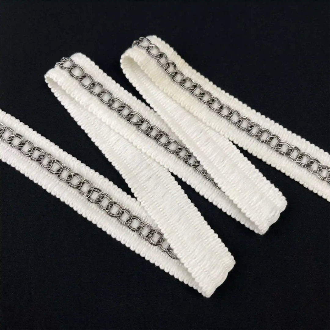 ANI Accessories white and silver chain trim folded in a zigzag with white color background 