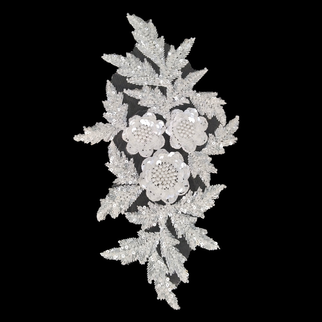 ANI Accessories white beaded floral applique patch with three sequin flowers and beaded leaves, on black Background 