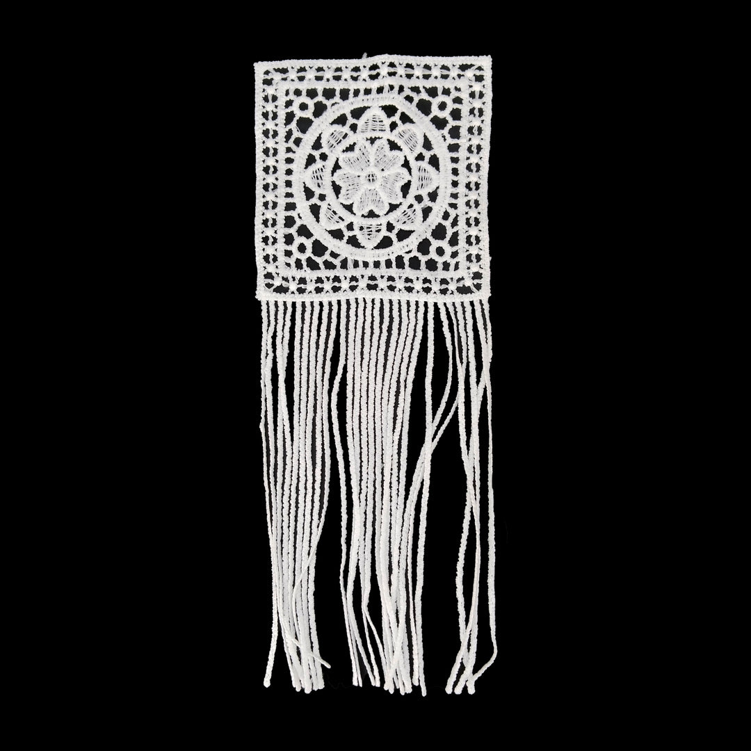 ANI Accessories white boho fringe guipure lace patch in spun poly with a round flower panel, on black background 