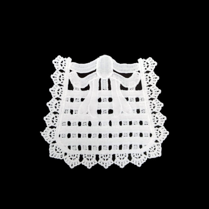 ANI Accessories white bow pocket patch in cotton with open grid and scalloped fan edge, on black background 