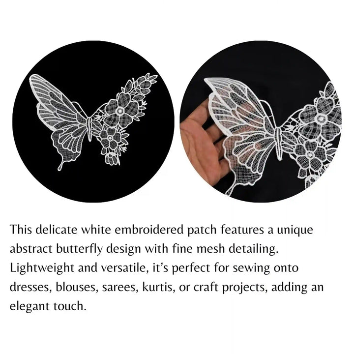 ANI Accessories close-up circles showing the wing and flower detail of a white butterfly patch 