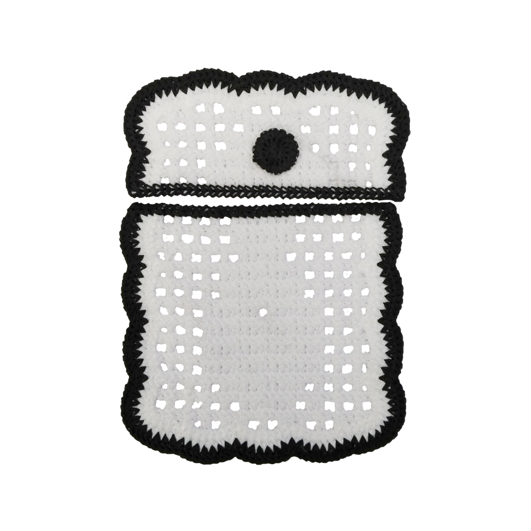 ANI Accessories white cotton crochet pocket patch with black border, flap placed over the pocket 