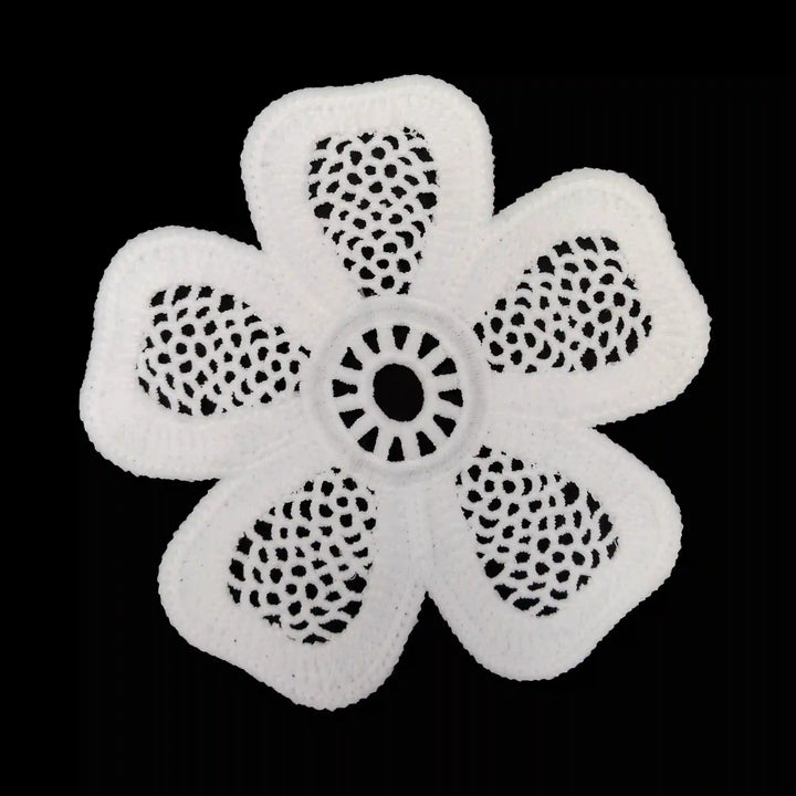 ANI Accessories white crochet flower patch with five open-work petals, on black background 
