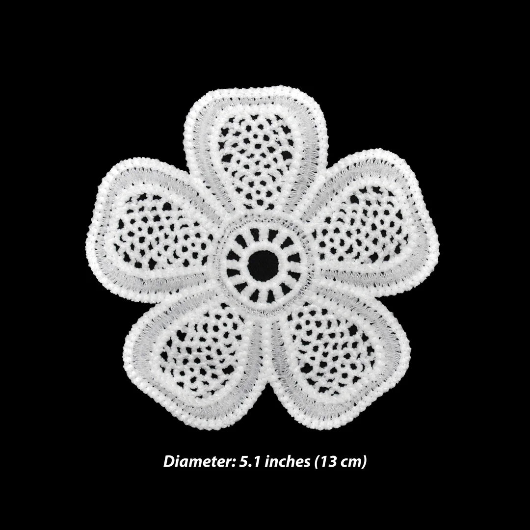 ANI Accessories white crochet flower patch size chart: 5.1 inches (13 cm) diameter with Black Background 