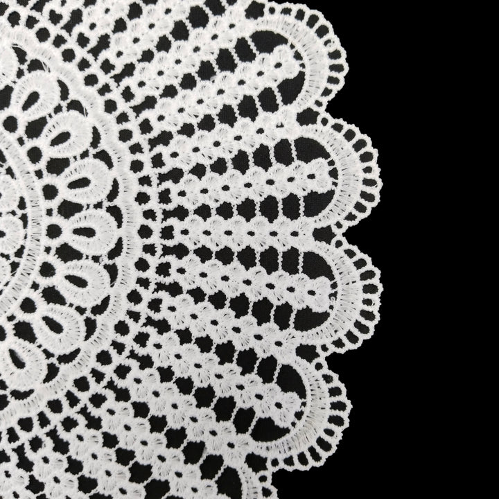 ANI Accessories close-up of white crochet patch showing scalloped edge and eyelet rows 