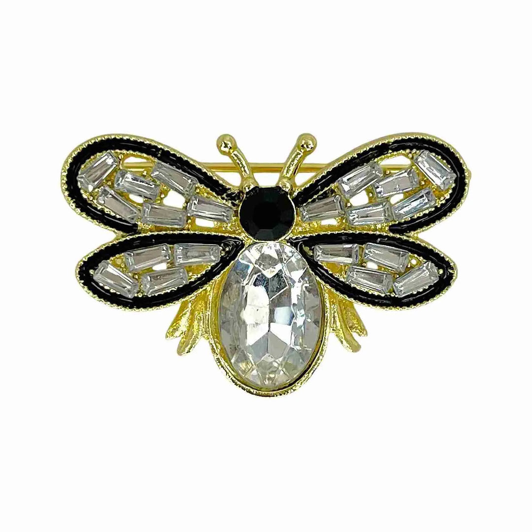 Crystal bee brooch with clear oval crystal body and black enamel wings