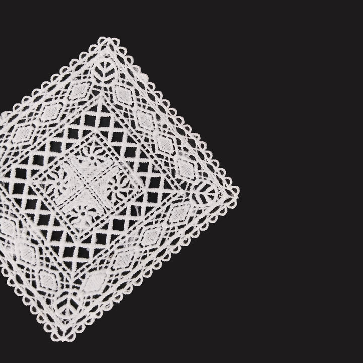 ANI Accessories white diamond guipure lace patch in spun poly with scalloped edge, on black background 