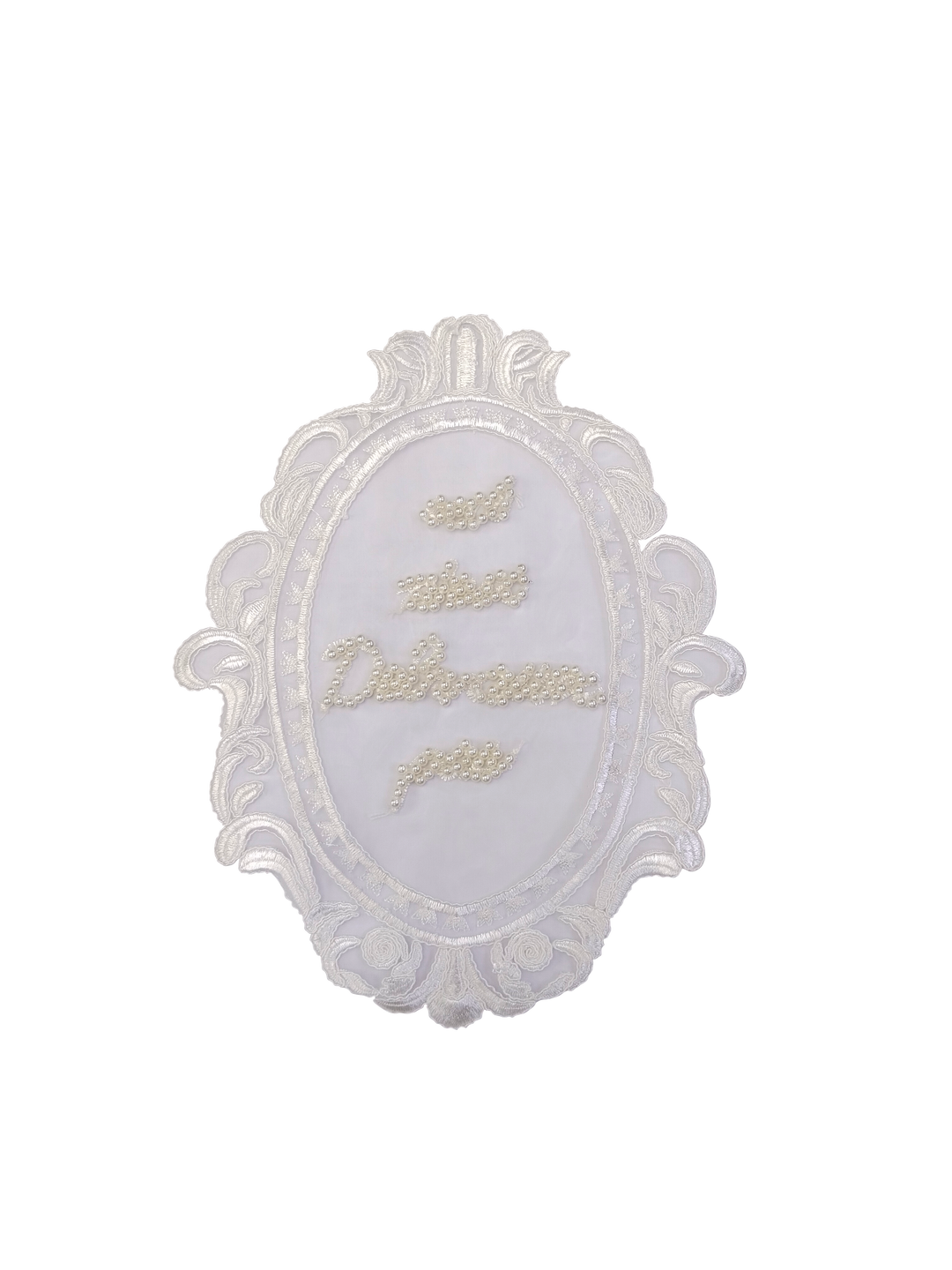 ANI Accessories white embroidered oval frame patch on a white background 
