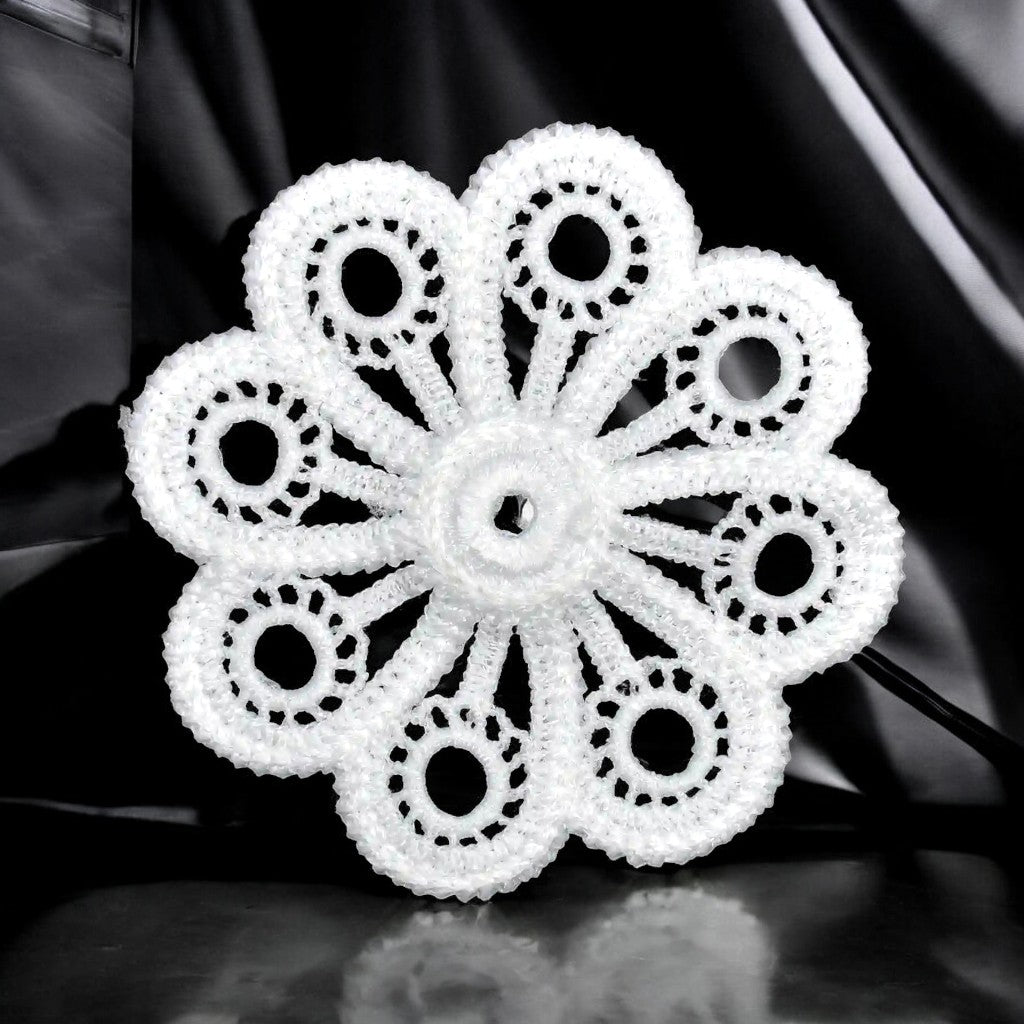 ANI Accessories white eyelet flower guipure lace patch in spun poly, on black fabric 