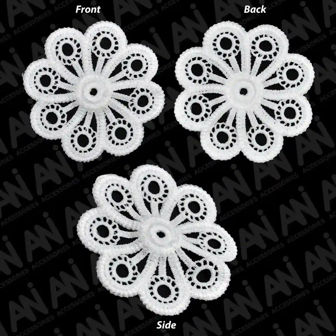 ANI Accessories front, back and side views of white spun poly eyelet flower patch 