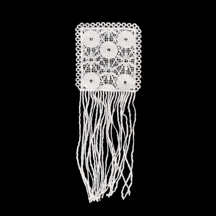 ANI Accessories white floral fringe guipure lace patch in spun poly with five flowers, on black 