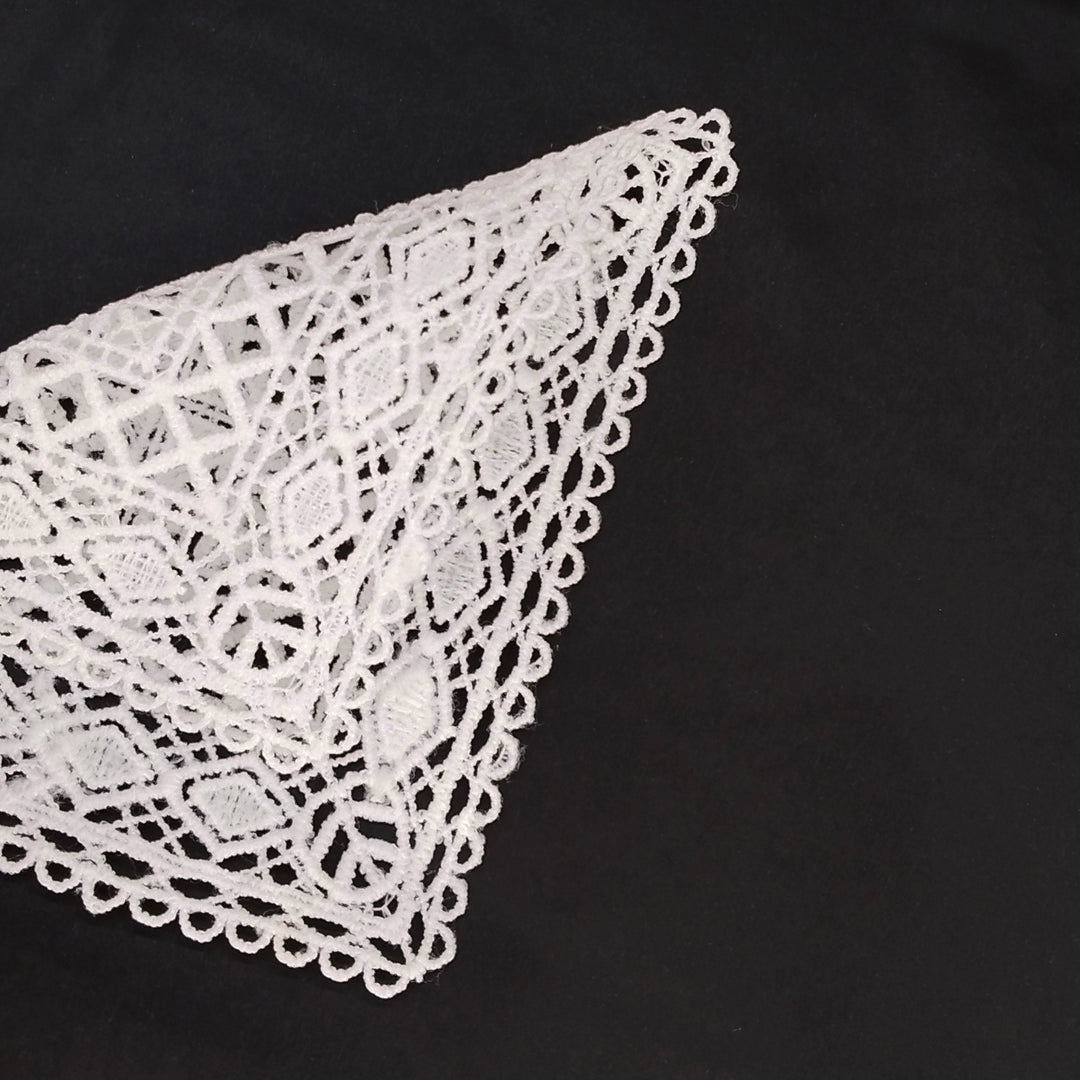 ANI Accessories close-up of the diamond lattice threadwork on a white geometric patch