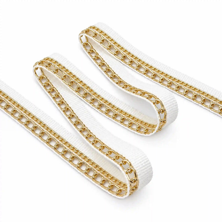 ANI Accessories white and golden lace with two gold chains, folded in a zigzag with white color background 