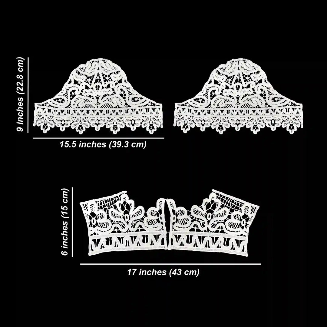 ANI Accessories guipure lace yoke set size chart: sleeve pieces 9 x 15.5 in (22.8 x 39.3 cm), collar 6 x 17 in (15 x 43 cm)