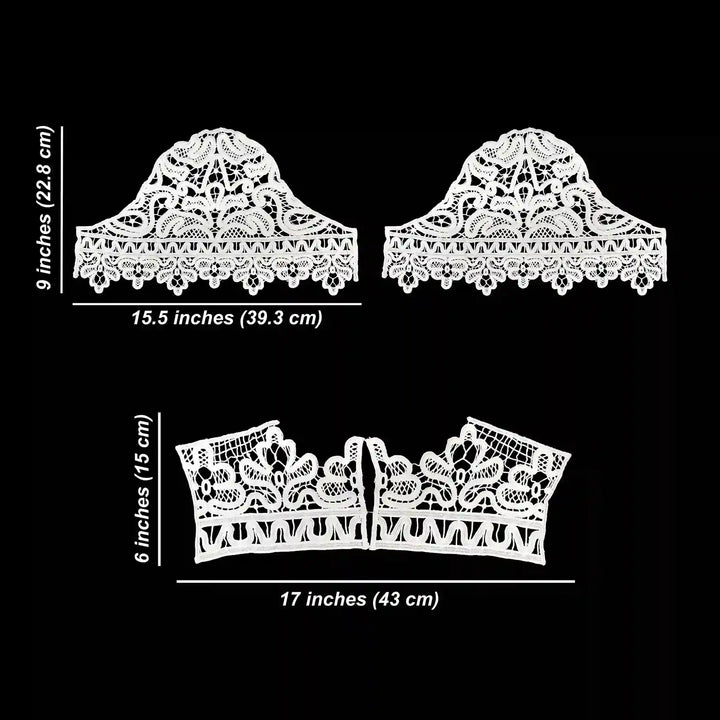 ANI Accessories guipure lace yoke set size chart: sleeve pieces 9 x 15.5 in (22.8 x 39.3 cm), collar 6 x 17 in (15 x 43 cm)
