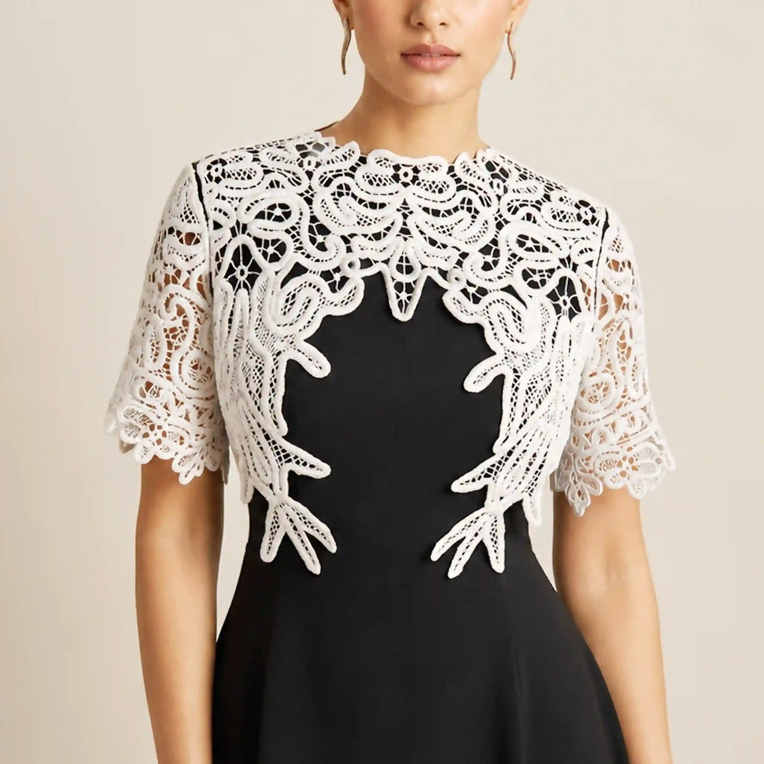 ANI Accessories white guipure lace yoke with collar and sleeves worn over a black dress for contrast styling 