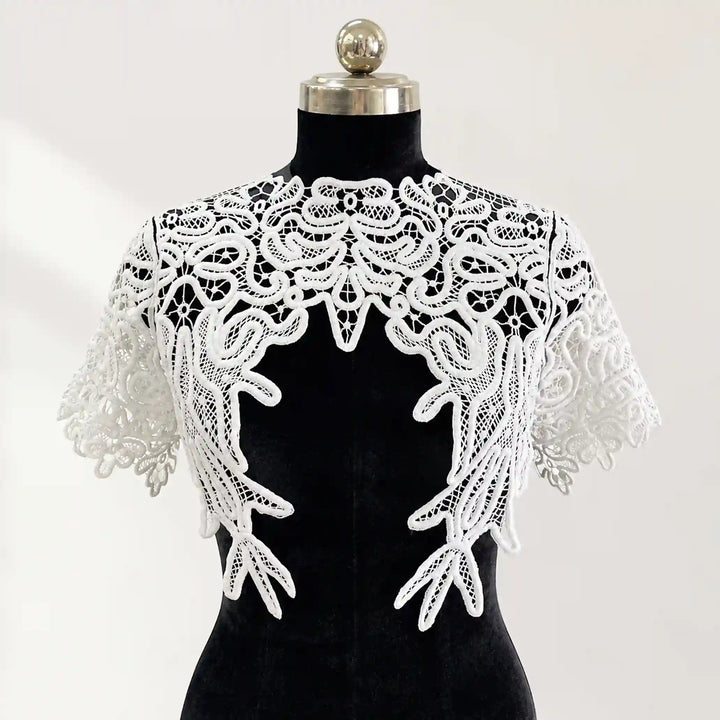 ANI Accessories white guipure lace yoke set with collar and cap sleeves styled on a black dress form, front view with white background 