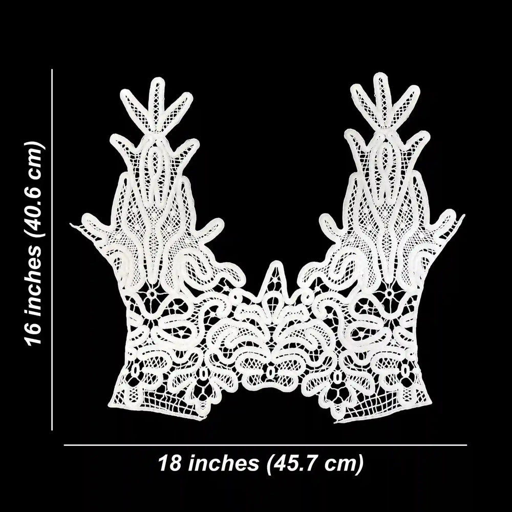 ANI Accessories white guipure lace main yoke piece size chart: 16 inches (40.6 cm) height and 18 inches (45.7 cm) width with white color baackground 