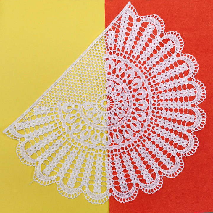 ANI Accessories white half round crochet patch on a yellow and red background 