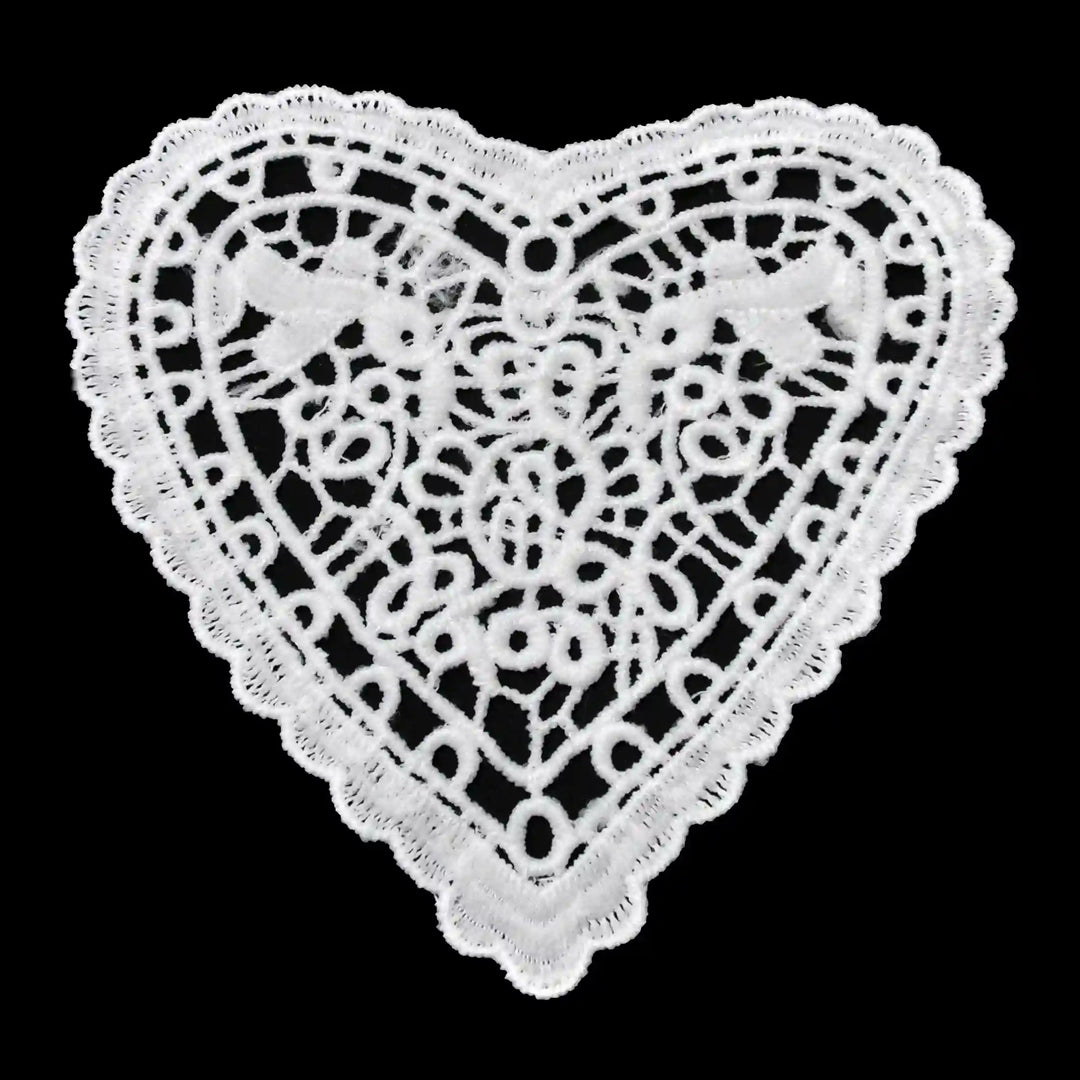 ANI Accessories white heart guipure lace patch in spun poly with scalloped edge, on black Bakground