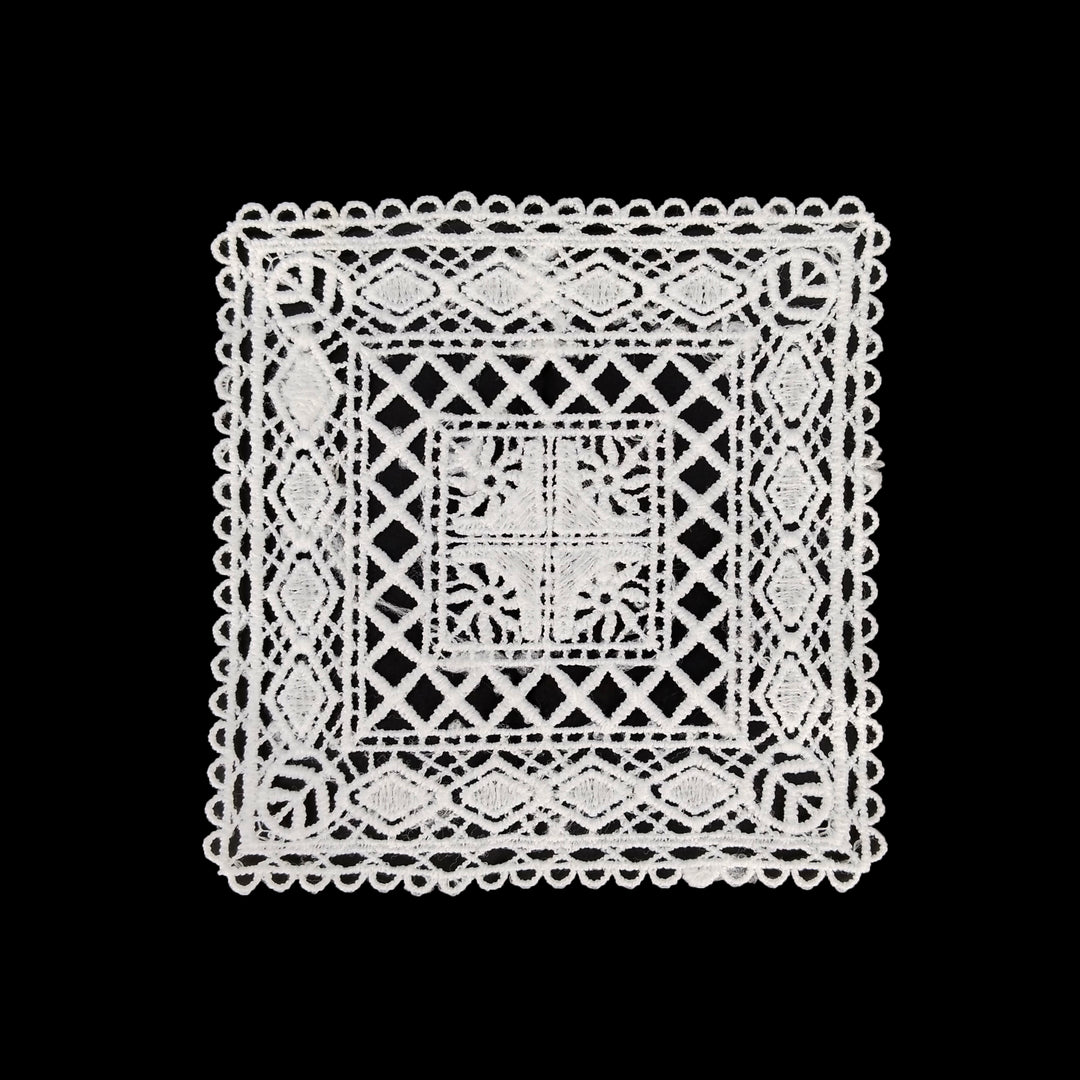 ANI Accessories white lattice square guipure lace patch in spun poly, 6 inch, on black background 