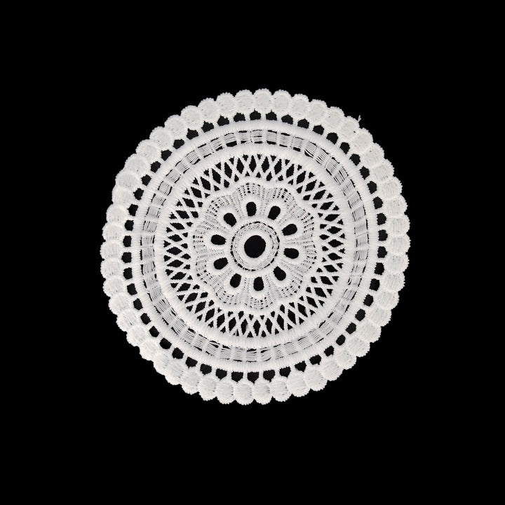 ANI Accessories white mandala guipure lace patch in spun poly, round, on black background 